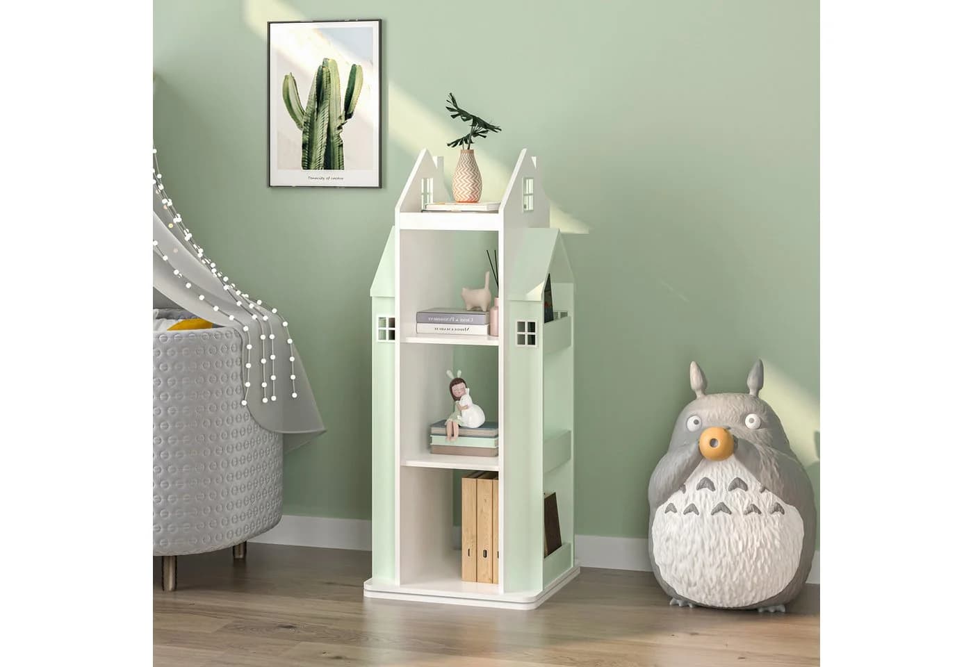 en.casa Kinderregal Vipsali drehbar Hausdesign Mintgrün Weiß - Bild 4