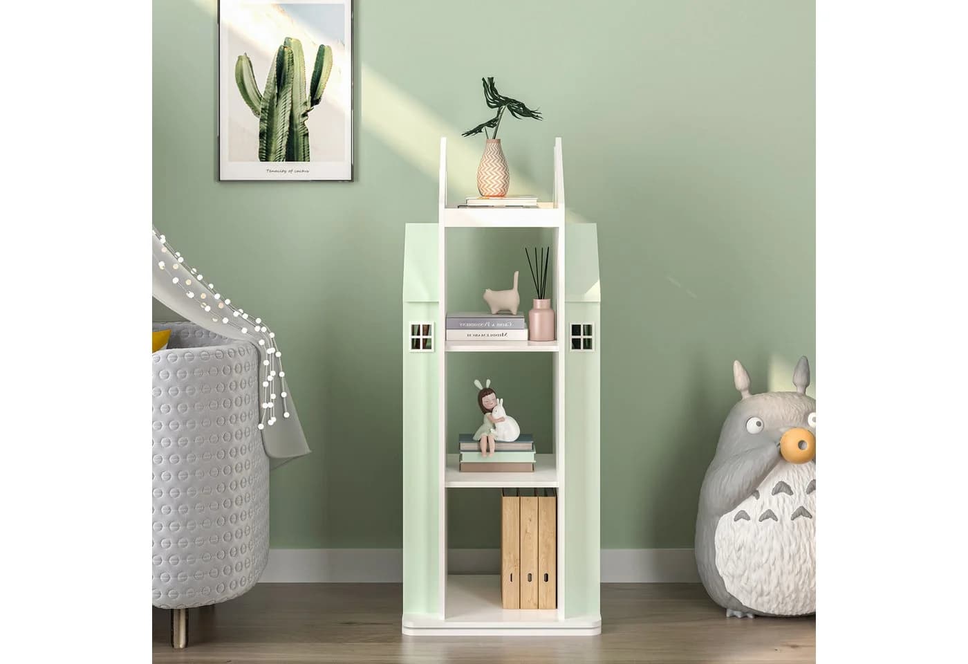 en.casa Kinderregal Vipsali drehbar Hausdesign Mintgrün Weiß - Bild 5