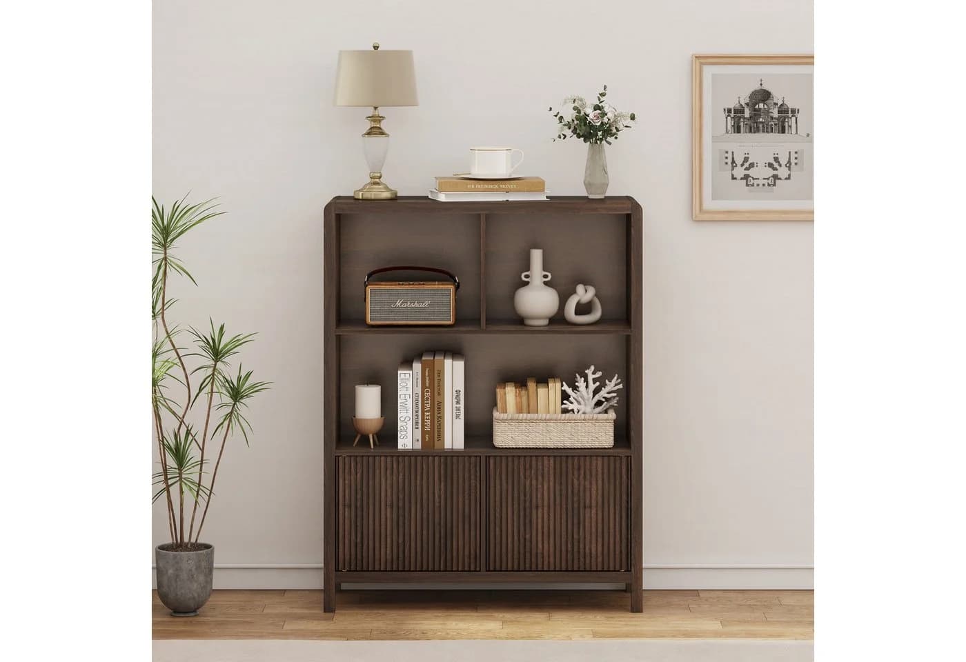 en.casa Highboard Lukkodso mit 2 Türen, 5 Fächern, Walnussoptik