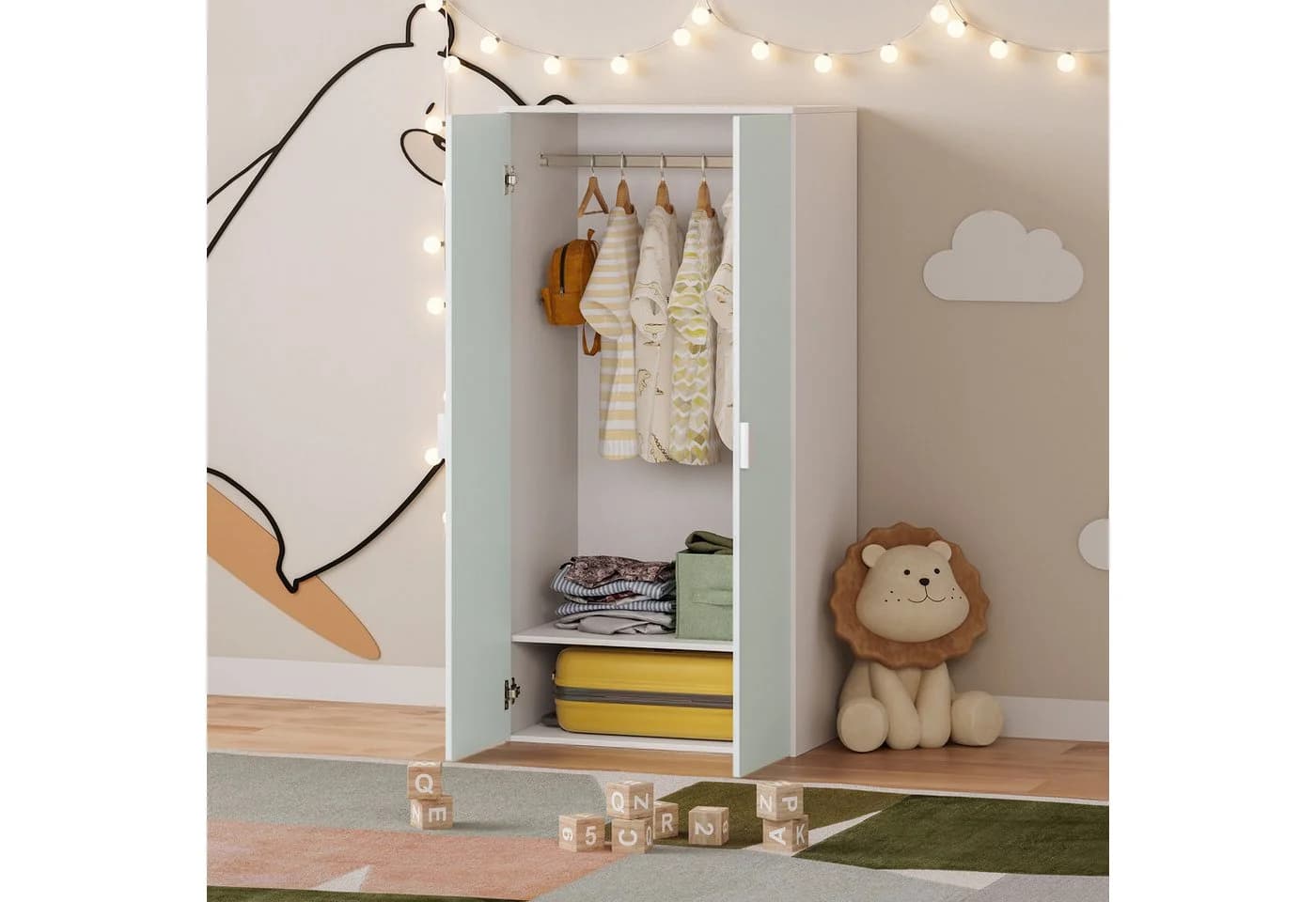 en.casa Kinderkleiderschrank Sandnes Weiß/Mintgrün mit 2 Türen