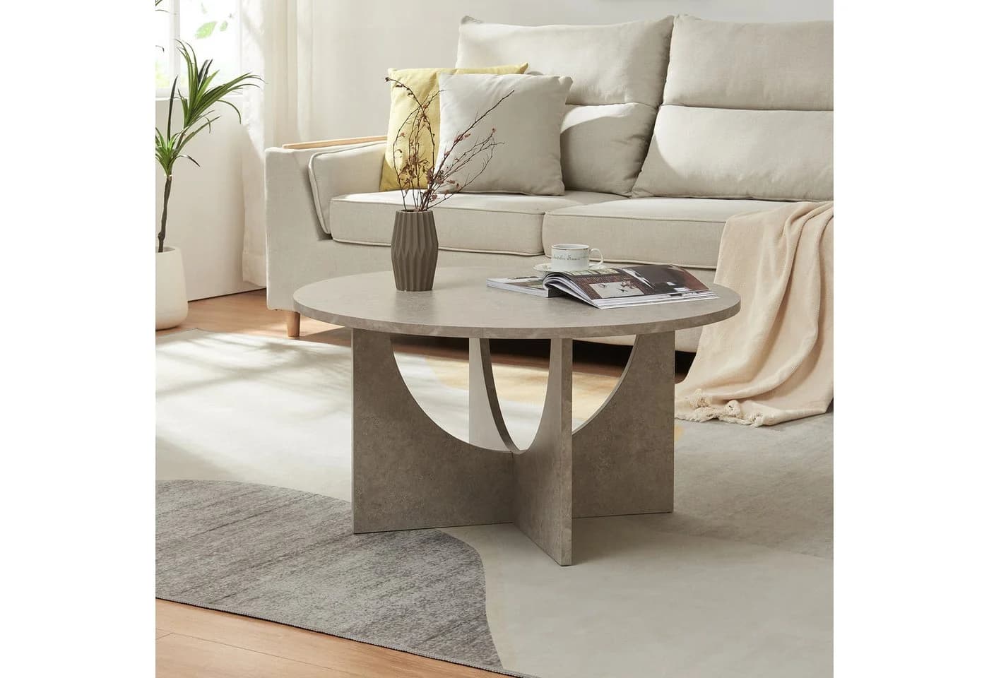en.casa Couchtisch Rindal Rund Betonoptik Hell