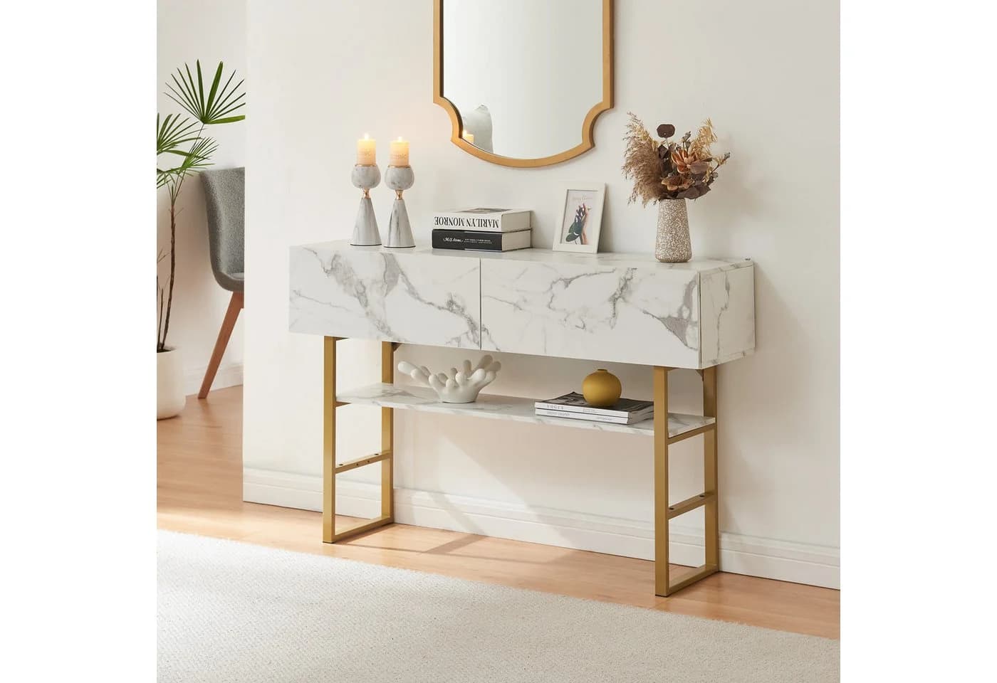 en.casa Konsolentisch Varberg mit Schubladen Marmoroptik Gold