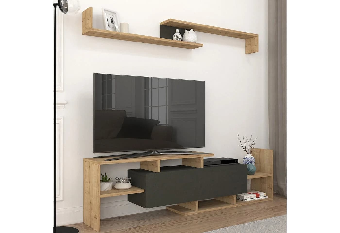 en.casa TV-Schrank Liksefte mit Wandregal Saphir-Eiche/Schwarz
