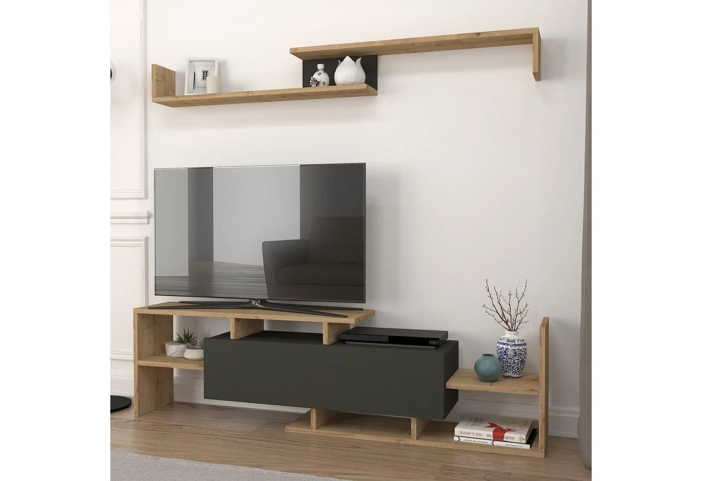 en.casa TV-Schrank Liksefte mit Wandregal Saphir-Eiche/Schwarz - Bild 3