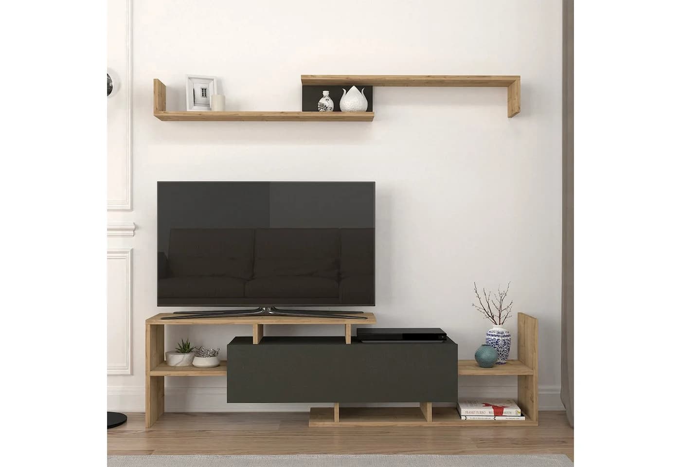 en.casa TV-Schrank Liksefte mit Wandregal Saphir-Eiche/Schwarz - Bild 5