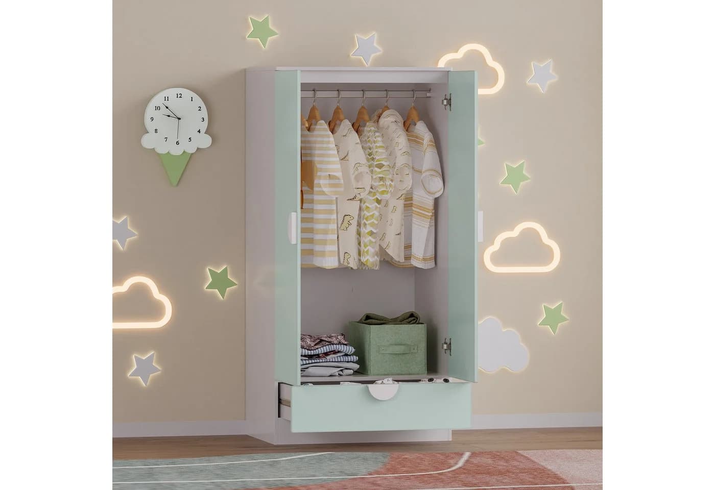 en.casa Kinderkleiderschrank Sandnes mit Schublade Mintgrün/Weiß - Bild 4
