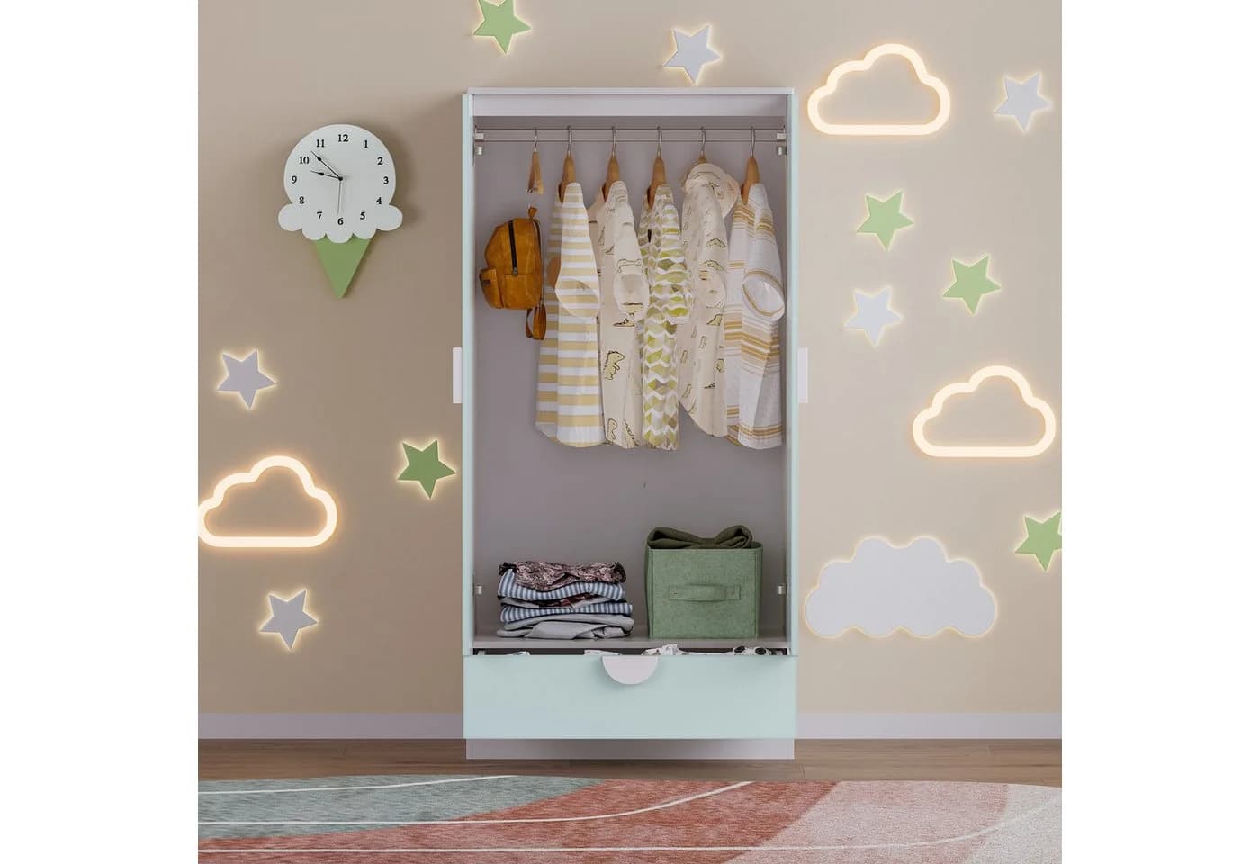 en.casa Kinderkleiderschrank Sandnes mit Schublade Mintgrün/Weiß - Bild 5