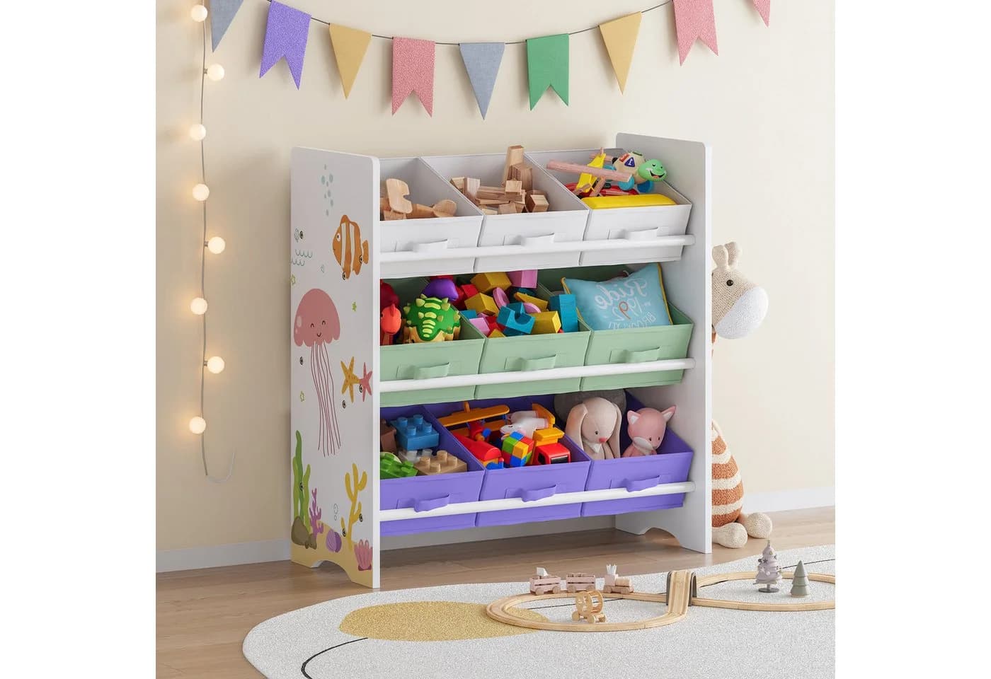en.casa Kinderregal Boiro mit 9 Boxen Aqua Dream-Motiv Weiß/Grün/Lila