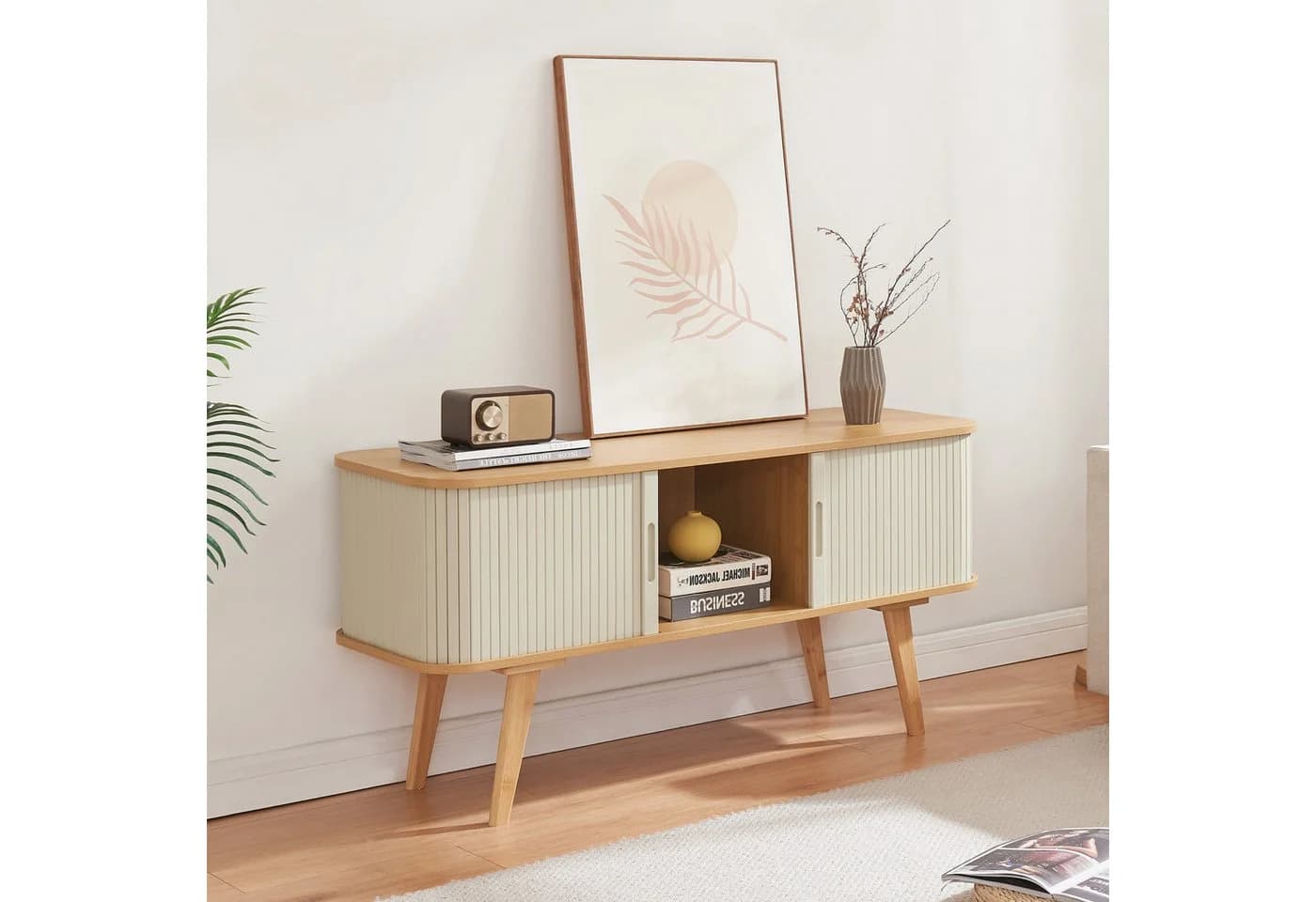 en.casa TV-Schrank Tysvær 2 Schiebetüren Bambus/Cremeweiß - Bild 2