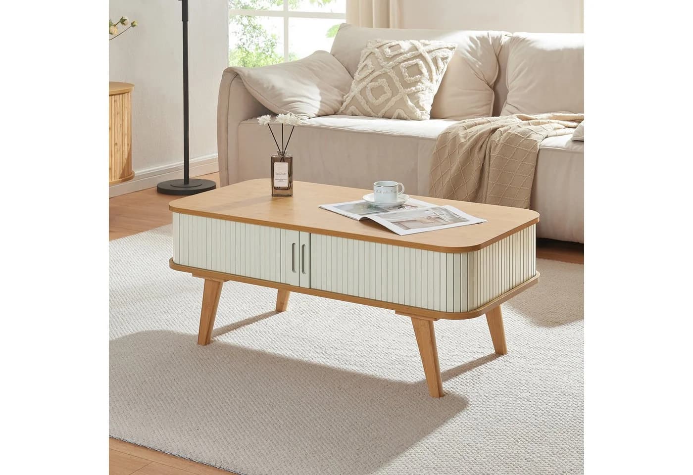 en.casa Couchtisch Tysvær mit 2 Schiebetüren 100x50x40 cm Bambus/Cremeweiß - Bild 2