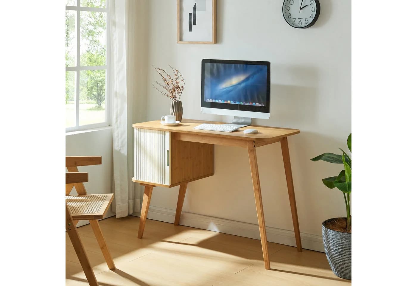 en.casa Schreibtisch Tysvær mit Schrankteil Bambus Cremeweiß - Bild 2