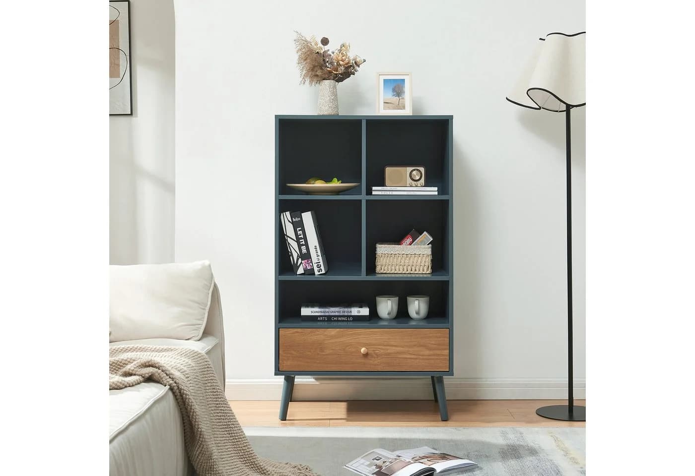 en.casa Bücherregal »Reyljand« Grau/Eicheoptik