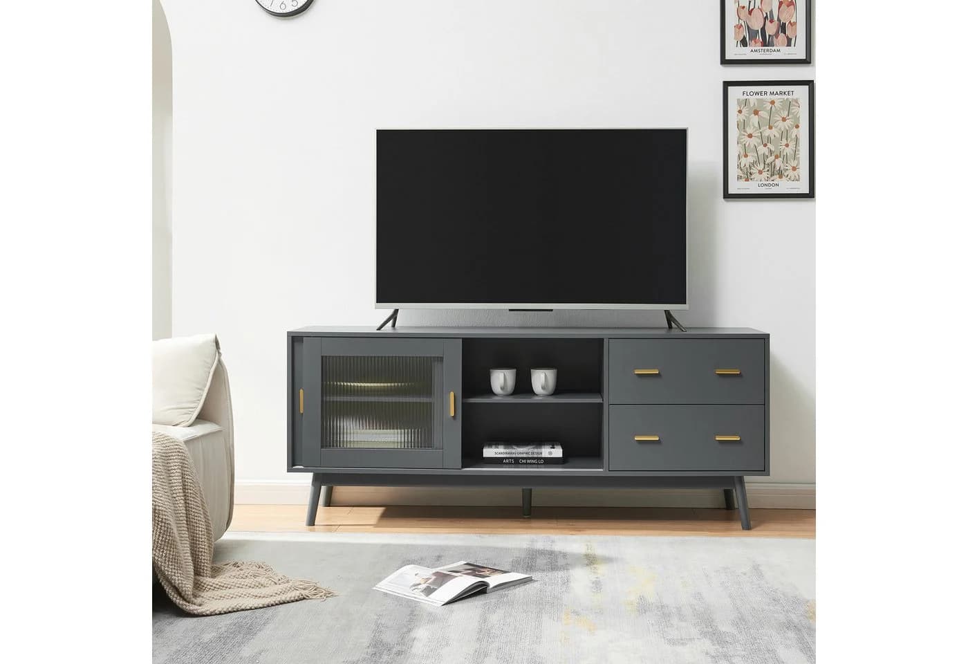 en.casa TV-Schrank Susa Grau mit Glasfront