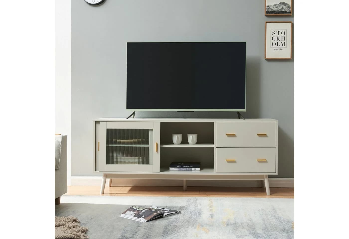 en.casa TV-Schrank Susa Beige mit Glasfront