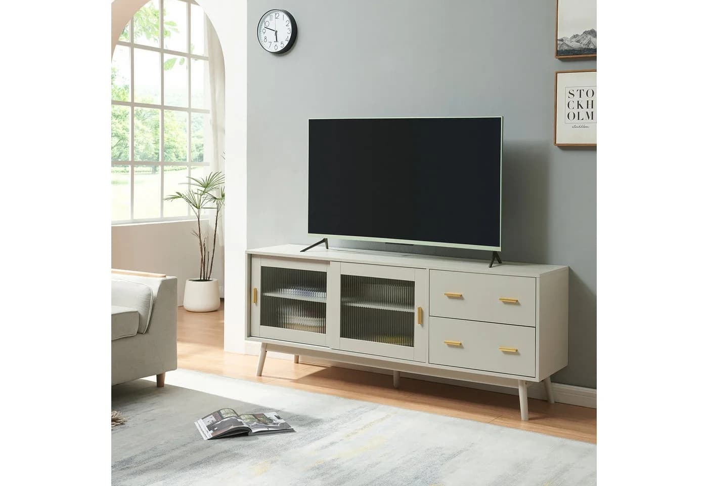 en.casa TV-Schrank Susa Beige mit Glasfront - Bild 2