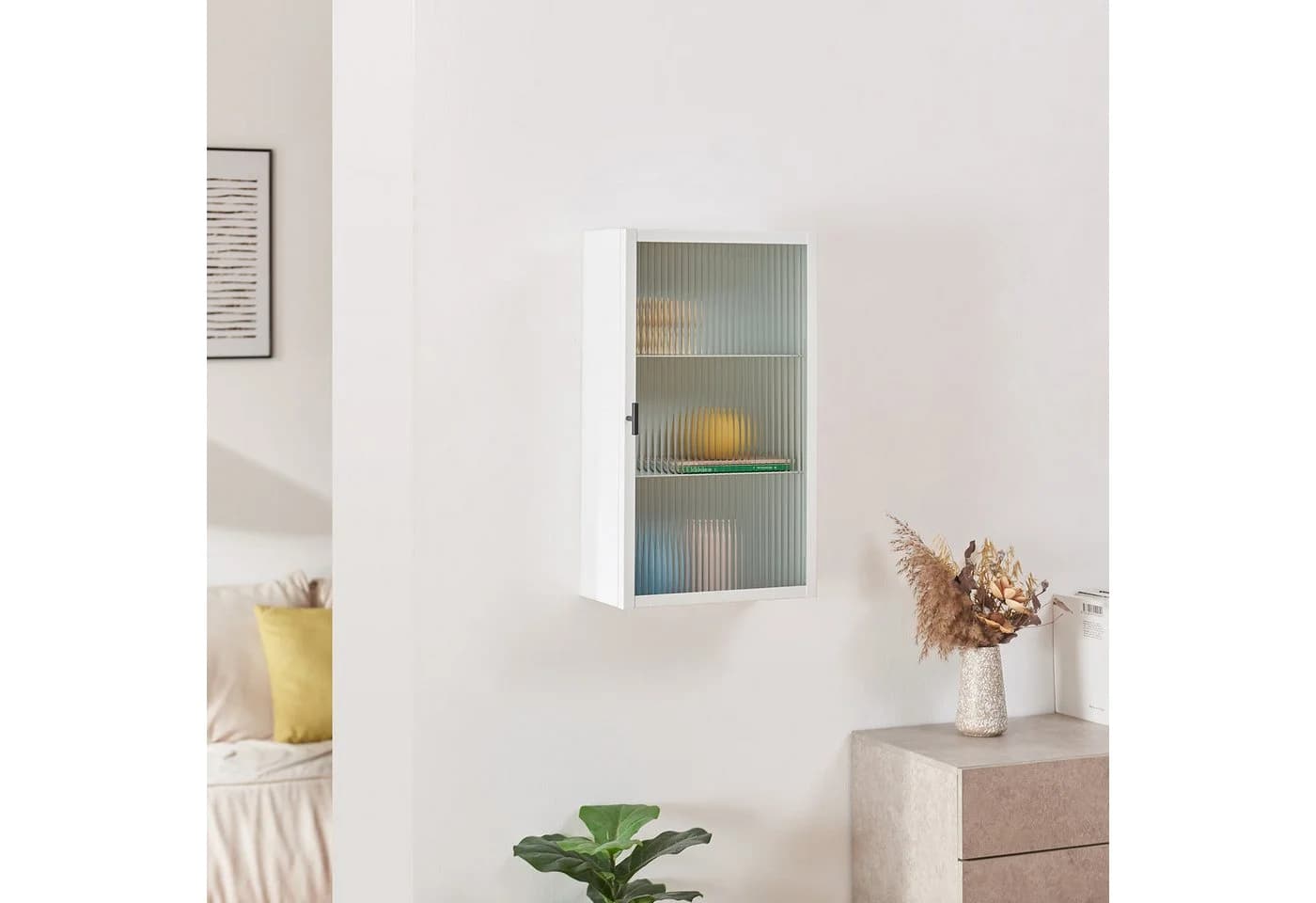 en.casa Hängeschrank Zundert 60 x 35 x 15 cm mit geriffelter Glastür Stahl Weiß