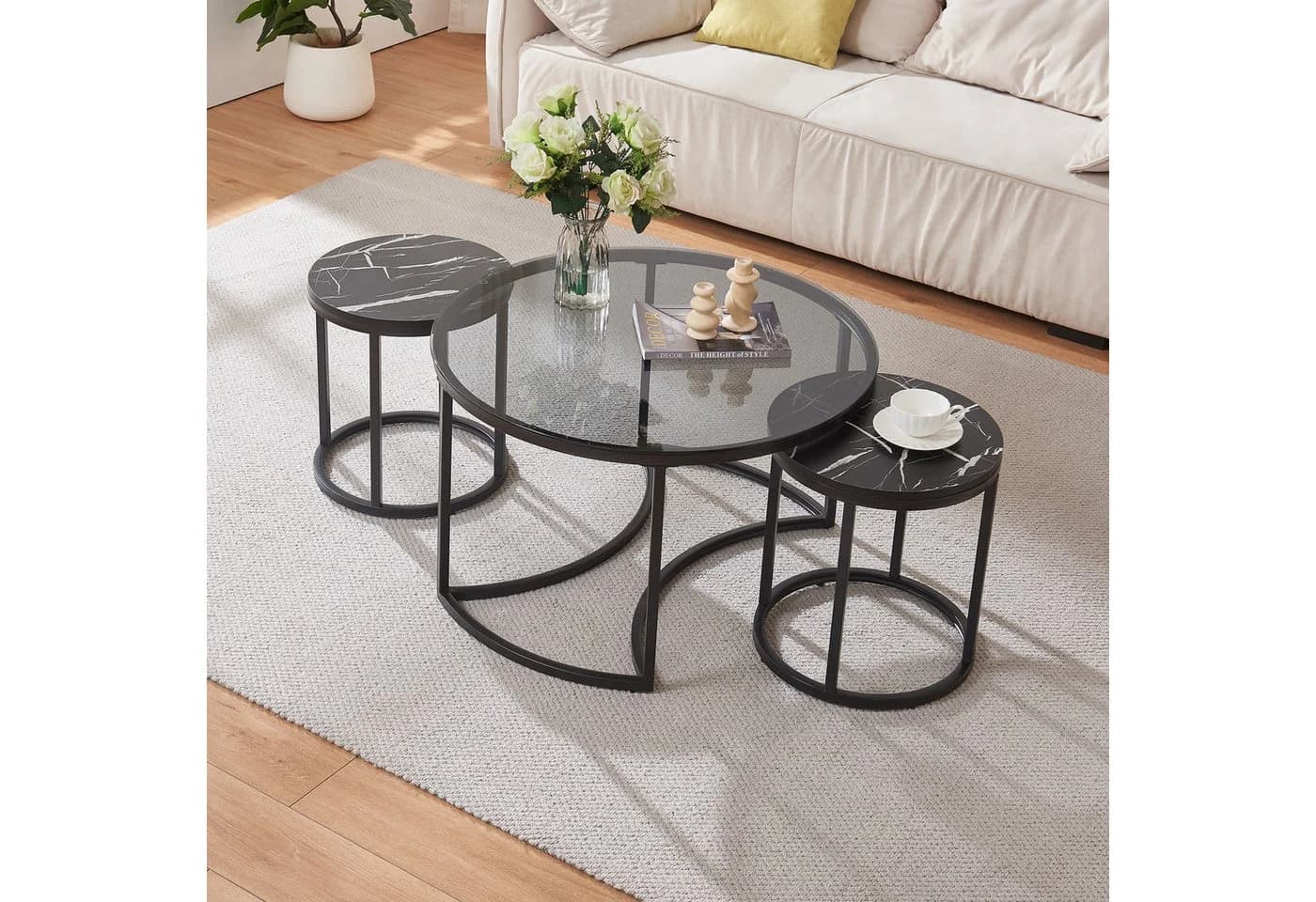 en.casa Couchtisch-Set 3-tlg. Kokkola Rauchglas/Marmoroptik Schwarz