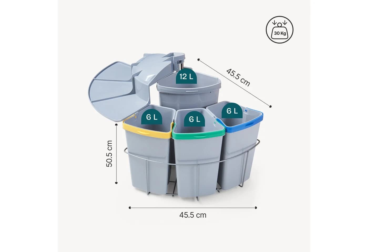 en.casa Einbaumülleimer »Kollby« schwenkbar mit Deckel Grau 3 x 6L+1 x 12L - Bild 4