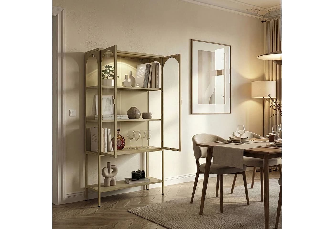 en.casa Standvitrine Klippestad Stahl Glastüren beige - Bild 3