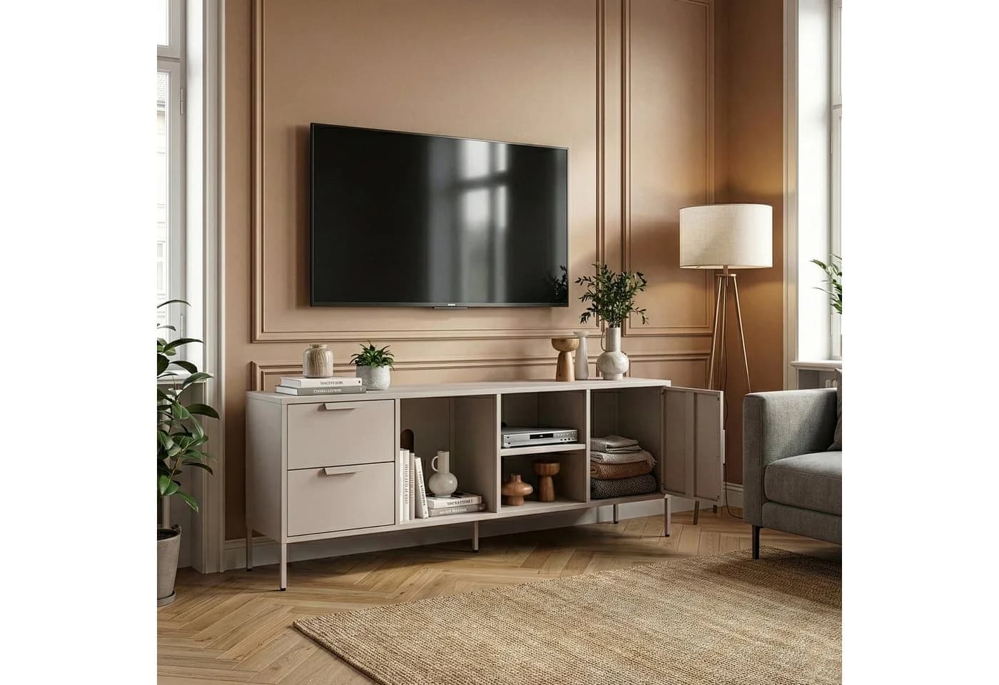 en.casa TV-Schrank Kliri Stahl Beige 2 Schubladen 1 Tür