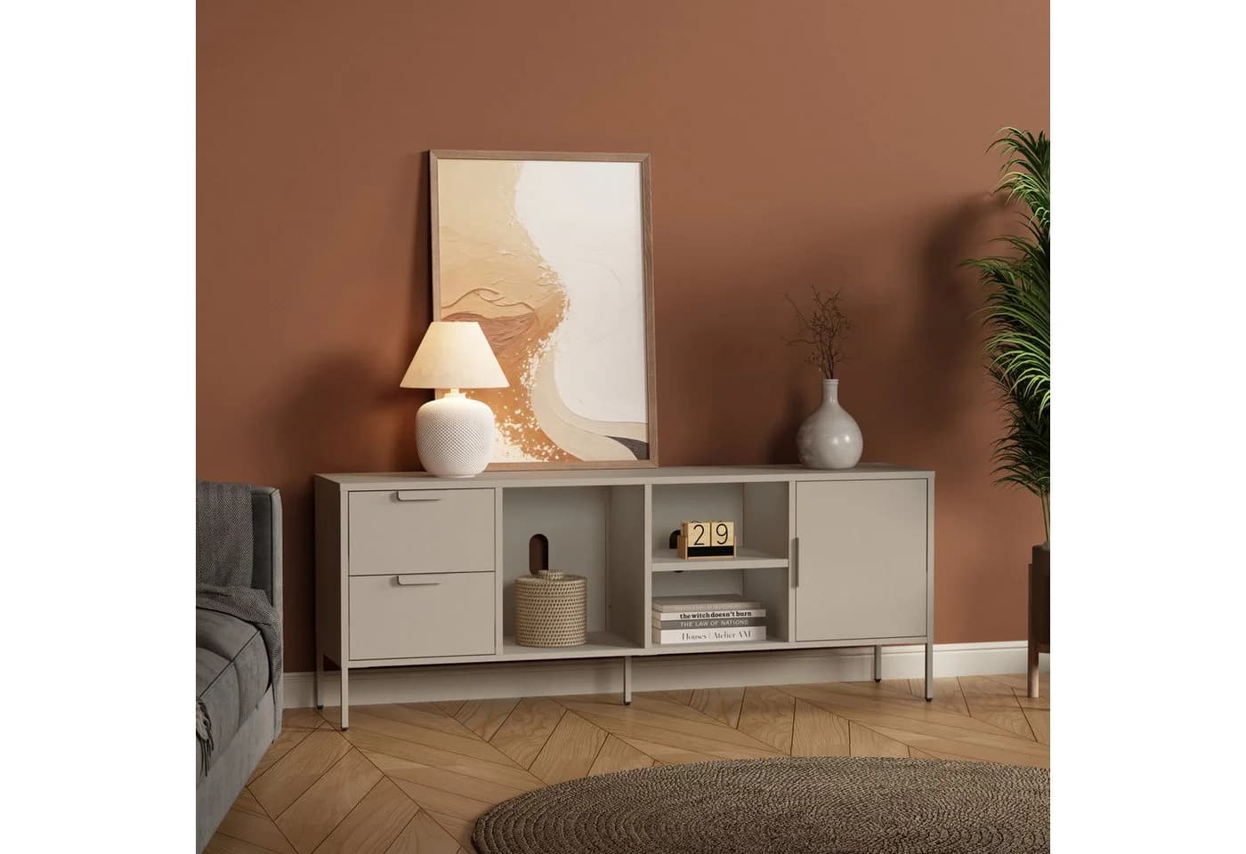 en.casa TV-Schrank Kliri Stahl Beige 2 Schubladen 1 Tür - Bild 2