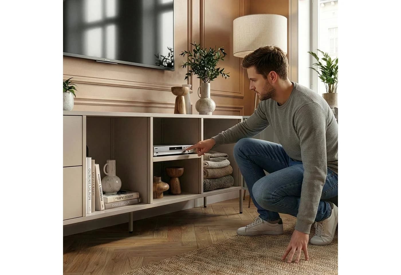 en.casa TV-Schrank Kliri Stahl Beige 2 Schubladen 1 Tür - Bild 3