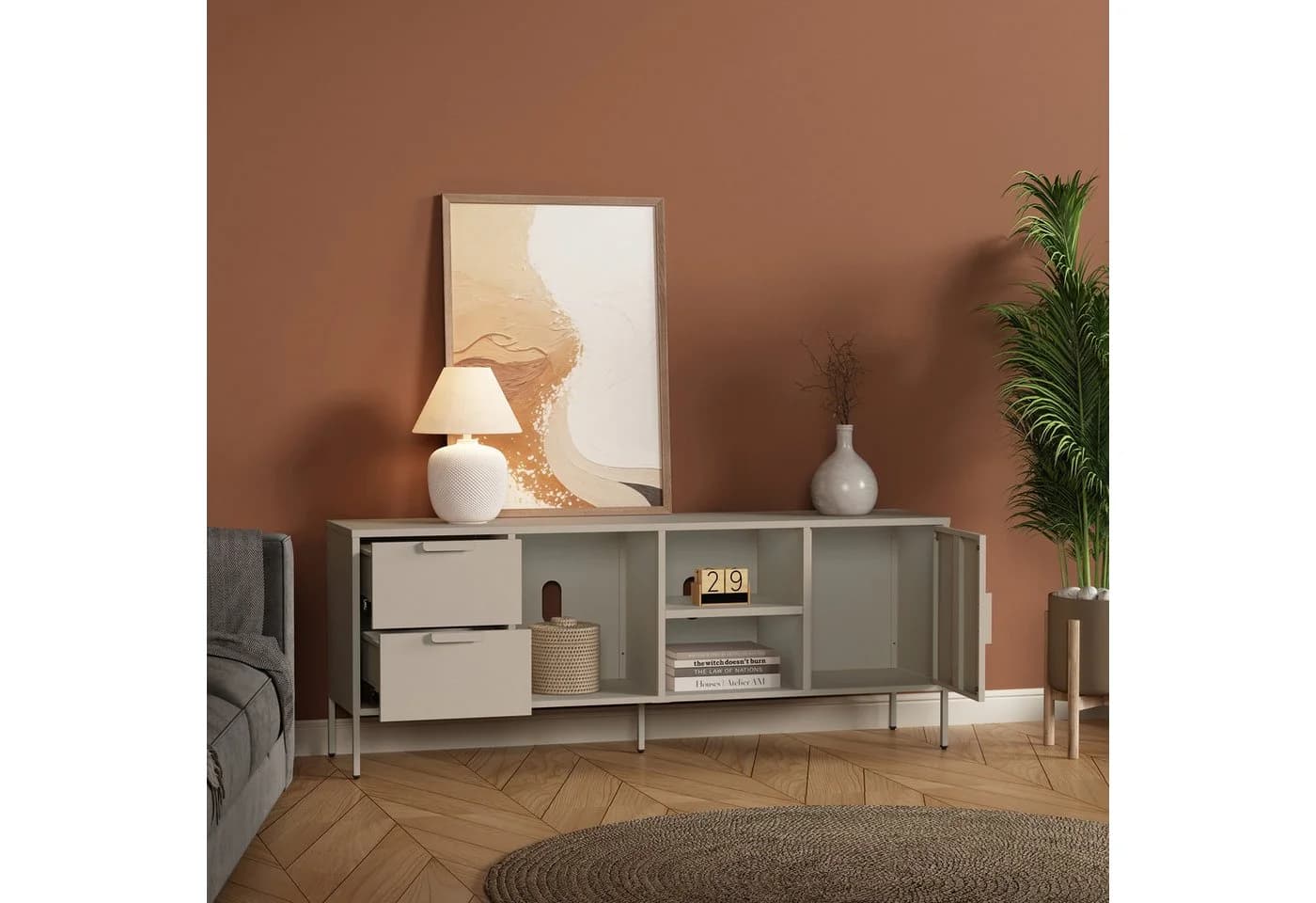 en.casa TV-Schrank Kliri Stahl Beige 2 Schubladen 1 Tür - Bild 4