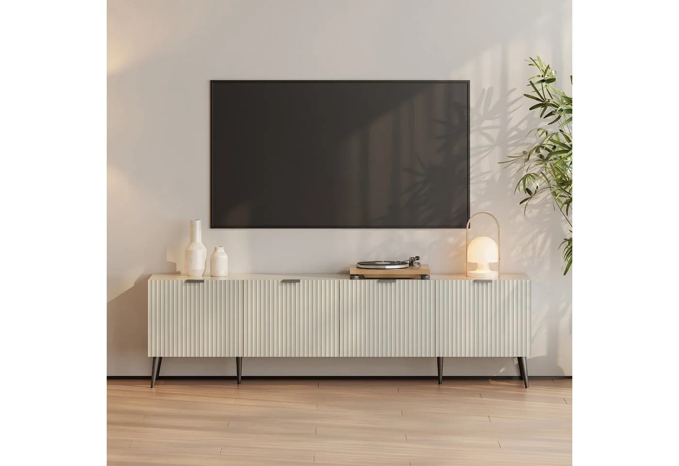 en.casa TV-Schrank »Nand« mit 4 geriffelten Türen Sandfarben