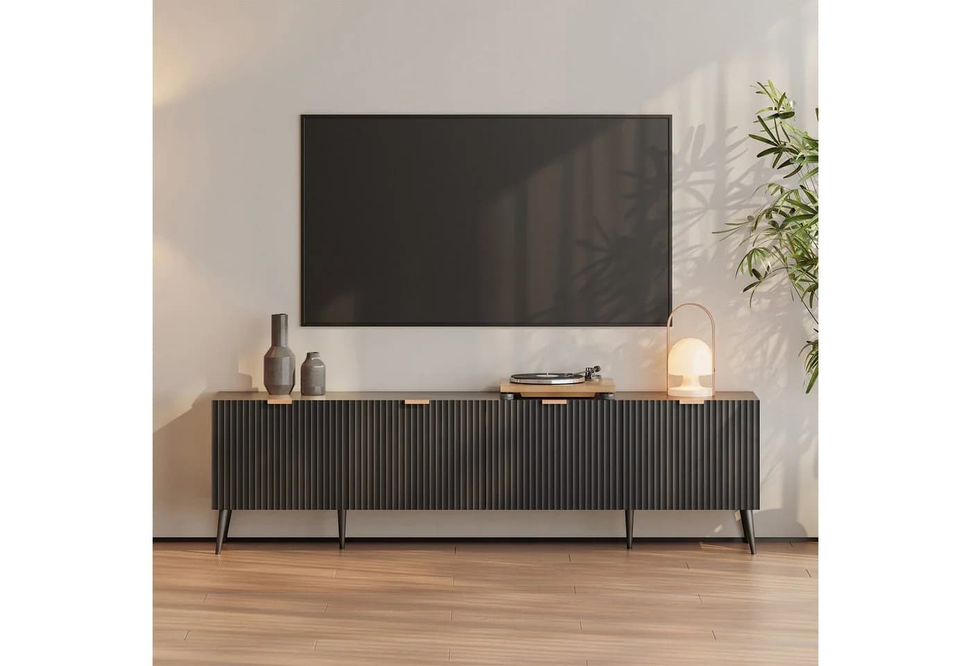 en.casa TV-Schrank Nand Schwarz mit 4 Türen geriffelt