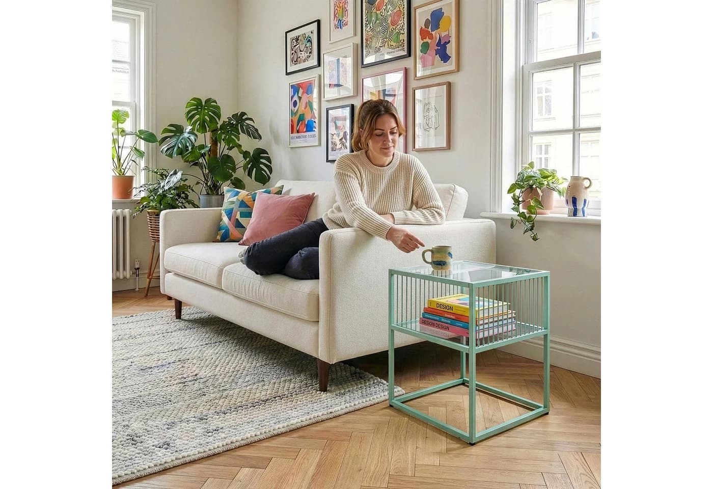 en.casa Beistelltisch Tronevn Glasplatte Stahl Mintgrün