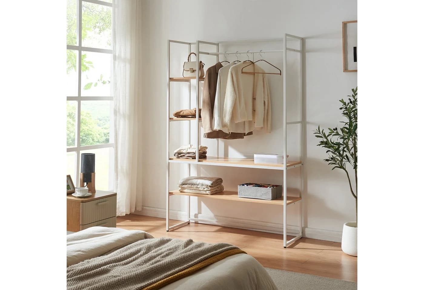 en.casa Garderobenständer Horgau 1 Stange 5 offene Fächer 180x120x40cm Weiß/Eiche - Bild 2