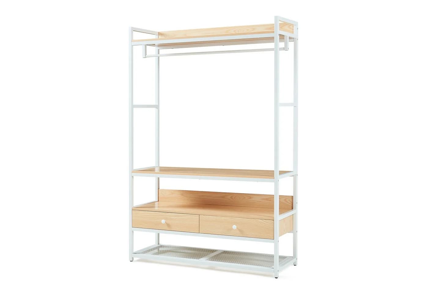 en.casa Garderobenständer Isen 1 Stange 4 Ablagen 2 Schubladen Weiß/Eiche - Bild 3