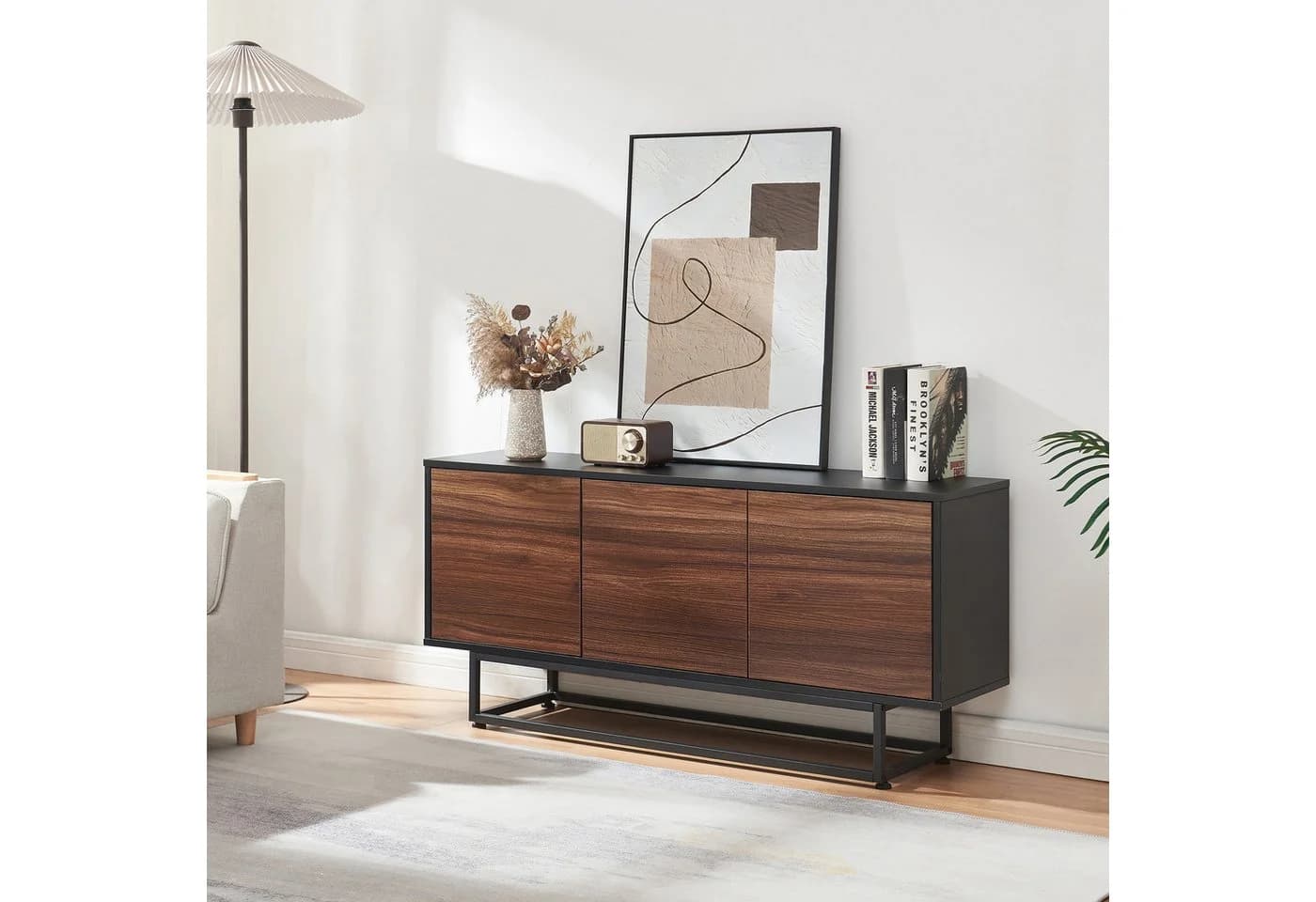 en.casa Sideboard Boxholm mit 3 Türen Schwarz/Walnussoptik - Bild 2