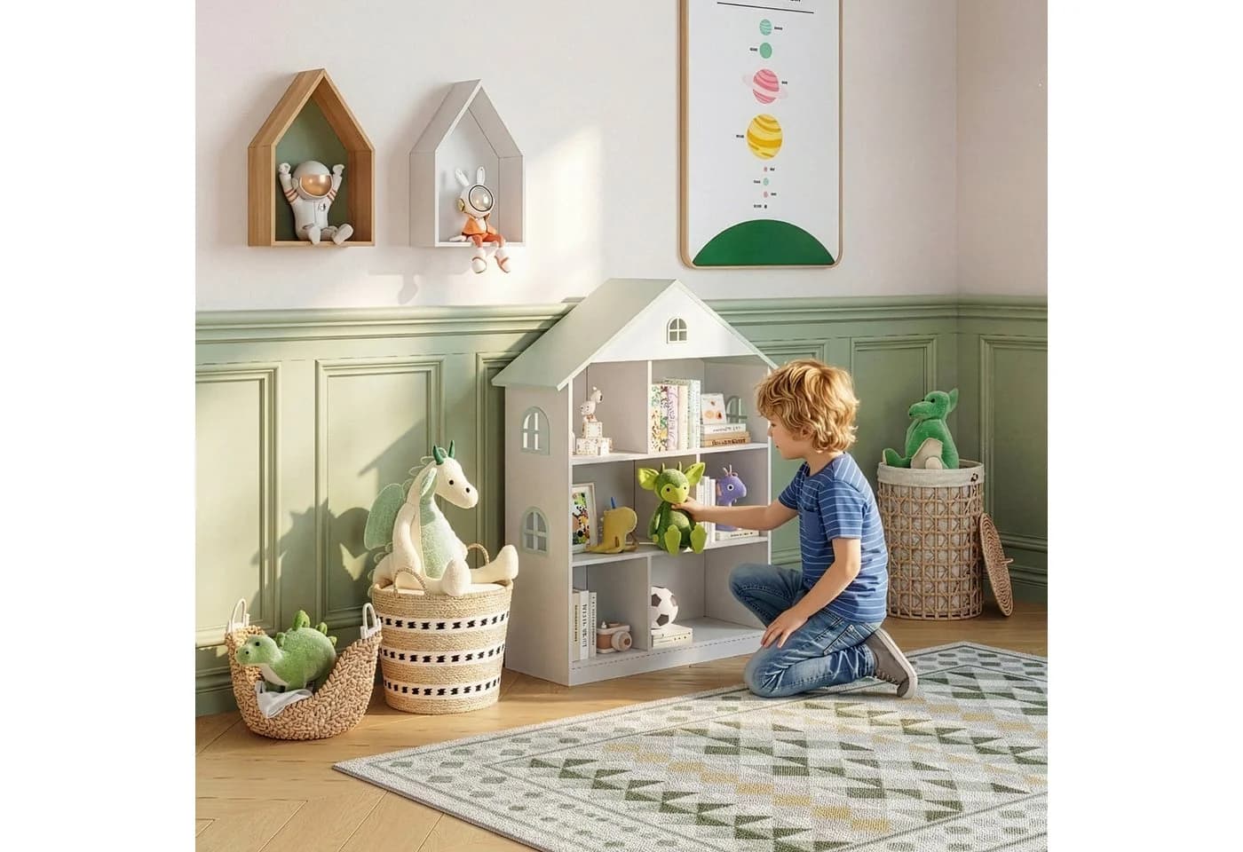 en.casa Kinderregal Vipsali Hausform Weiß/Mintgrün