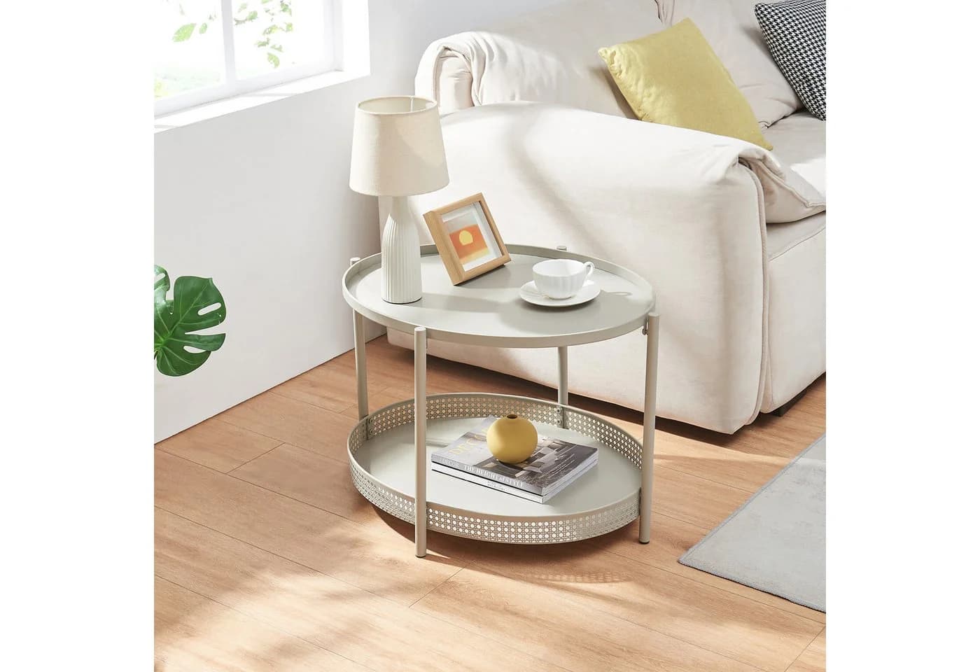 en.casa Couchtisch Jäller Rattan-Optik Metall Oval Taupe