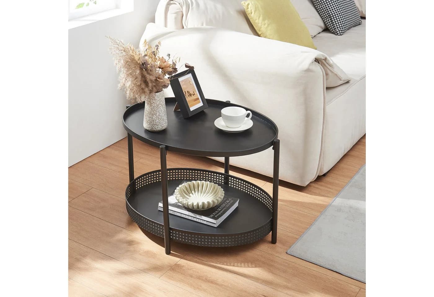 en.casa Couchtisch Jäller Oval Metall Schwarz Rattan-Optik