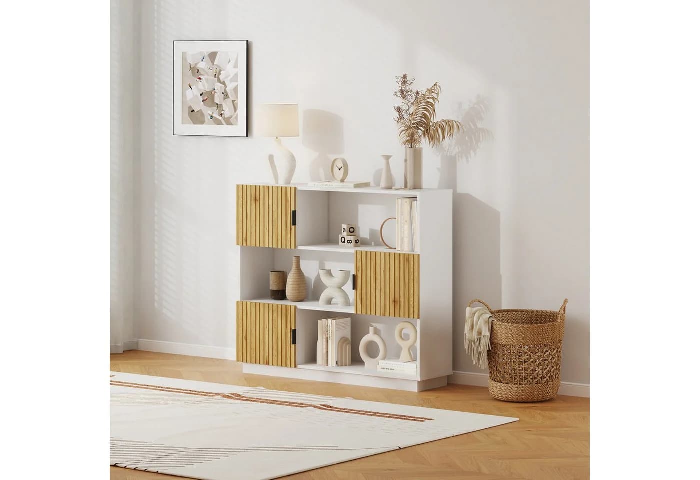 en.casa Bücherregal Verhundar mit 3 Türen Weiß/Holzfarben - Bild 2