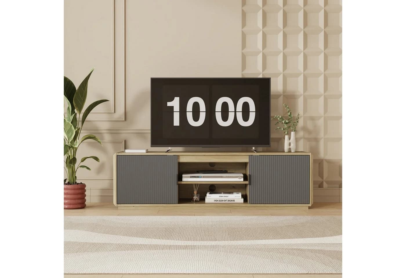 en.casa TV-Schrank Trömi mit 2 Türen Eicheoptik Grau