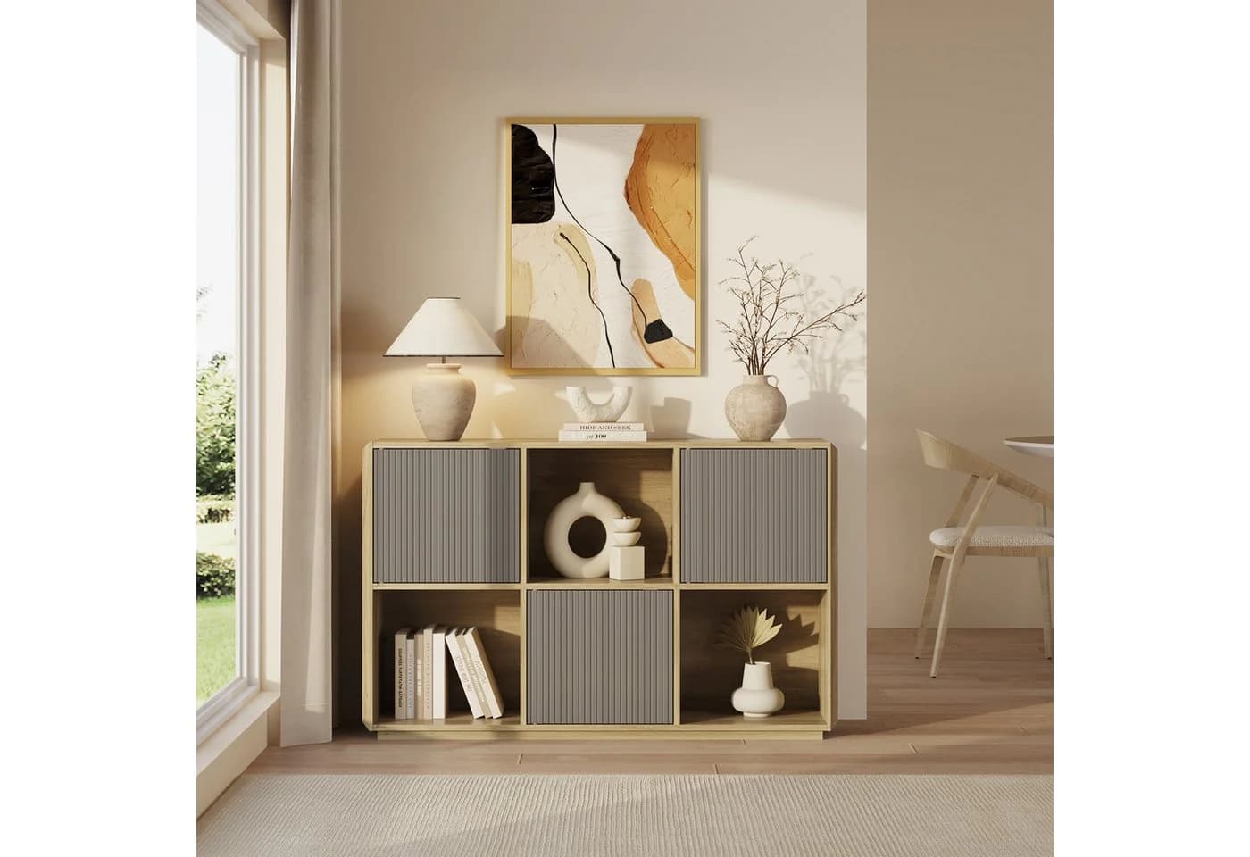 en.casa Sideboard Trömi mit 3 Türen Eicheoptik Grau Push-to-Open