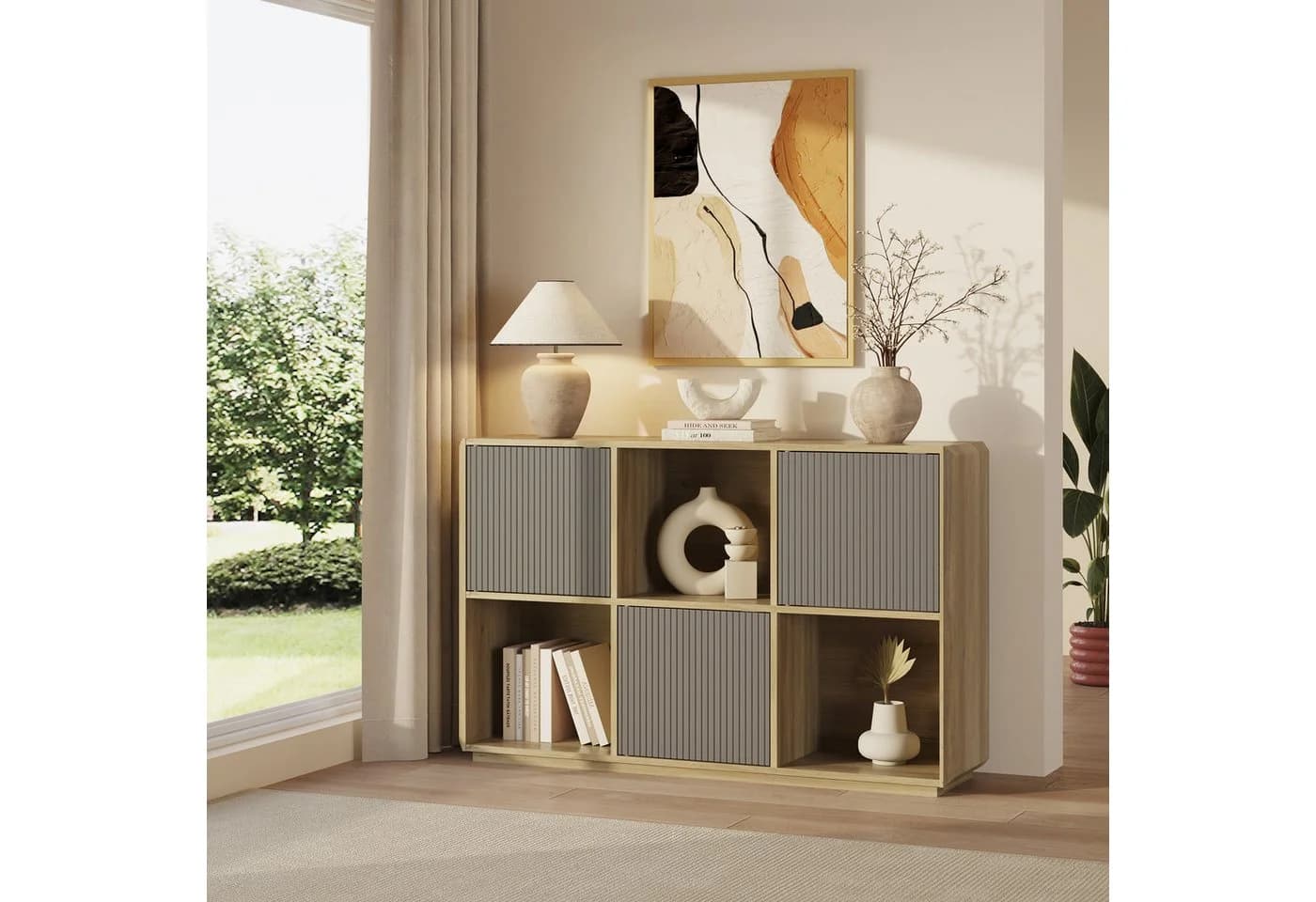 en.casa Sideboard Trömi mit 3 Türen Eicheoptik Grau Push-to-Open - Bild 2
