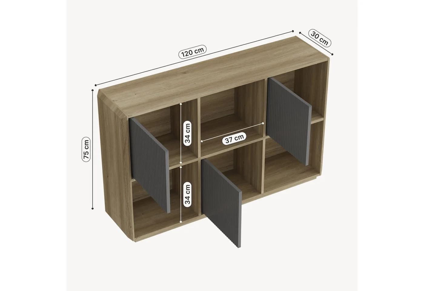 en.casa Sideboard Trömi mit 3 Türen Eicheoptik Grau Push-to-Open - Bild 4