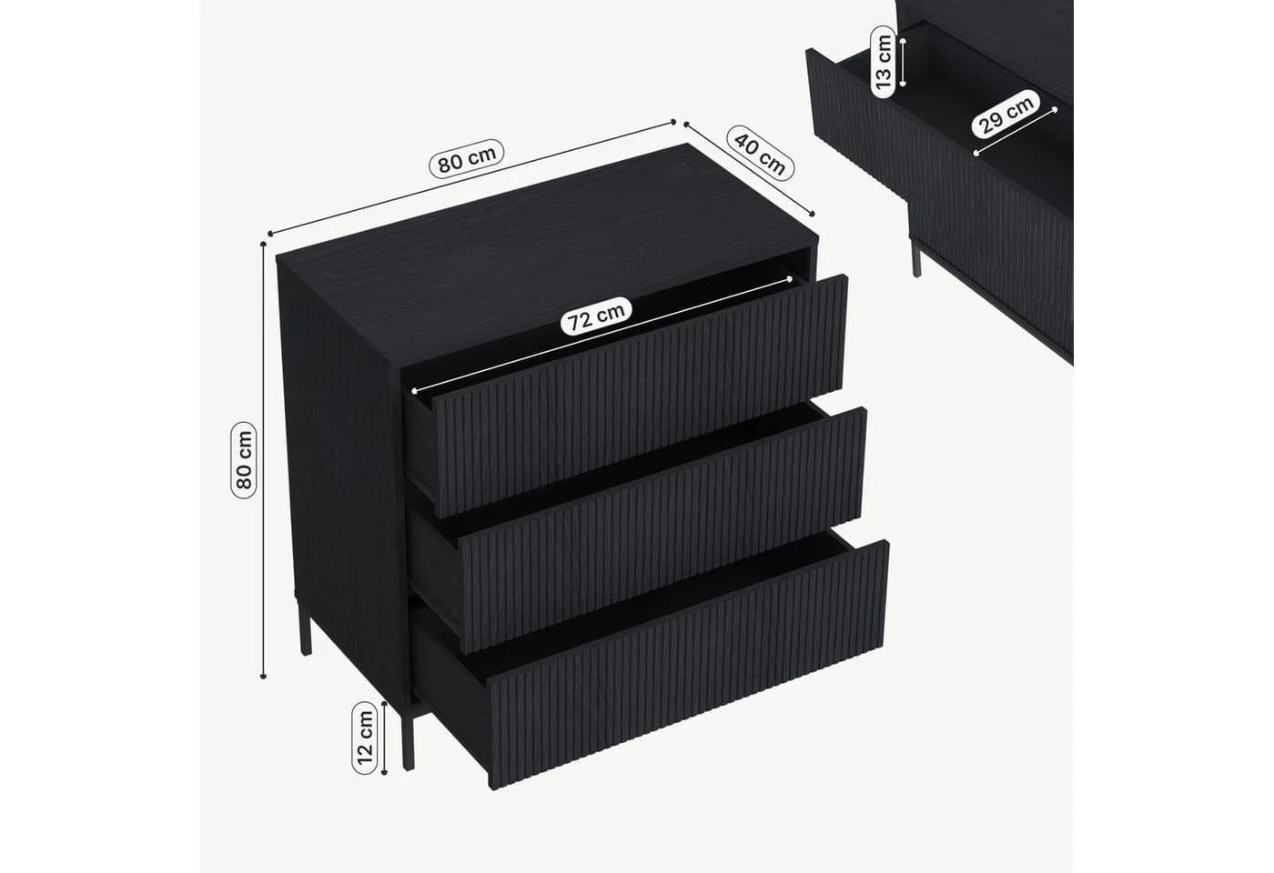 en.casa Kommode Nykapin Schwarz mit 3 Schubladen Push-to-Open - Bild 4