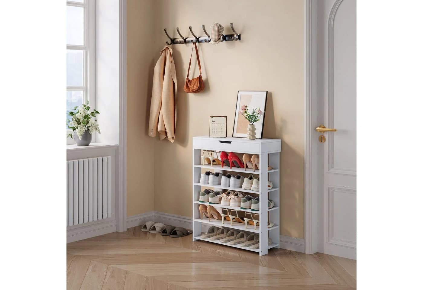 en.casa Schuhregal »Boppeelo« mit Schublade 5 Ablagen Weiß - Bild 2