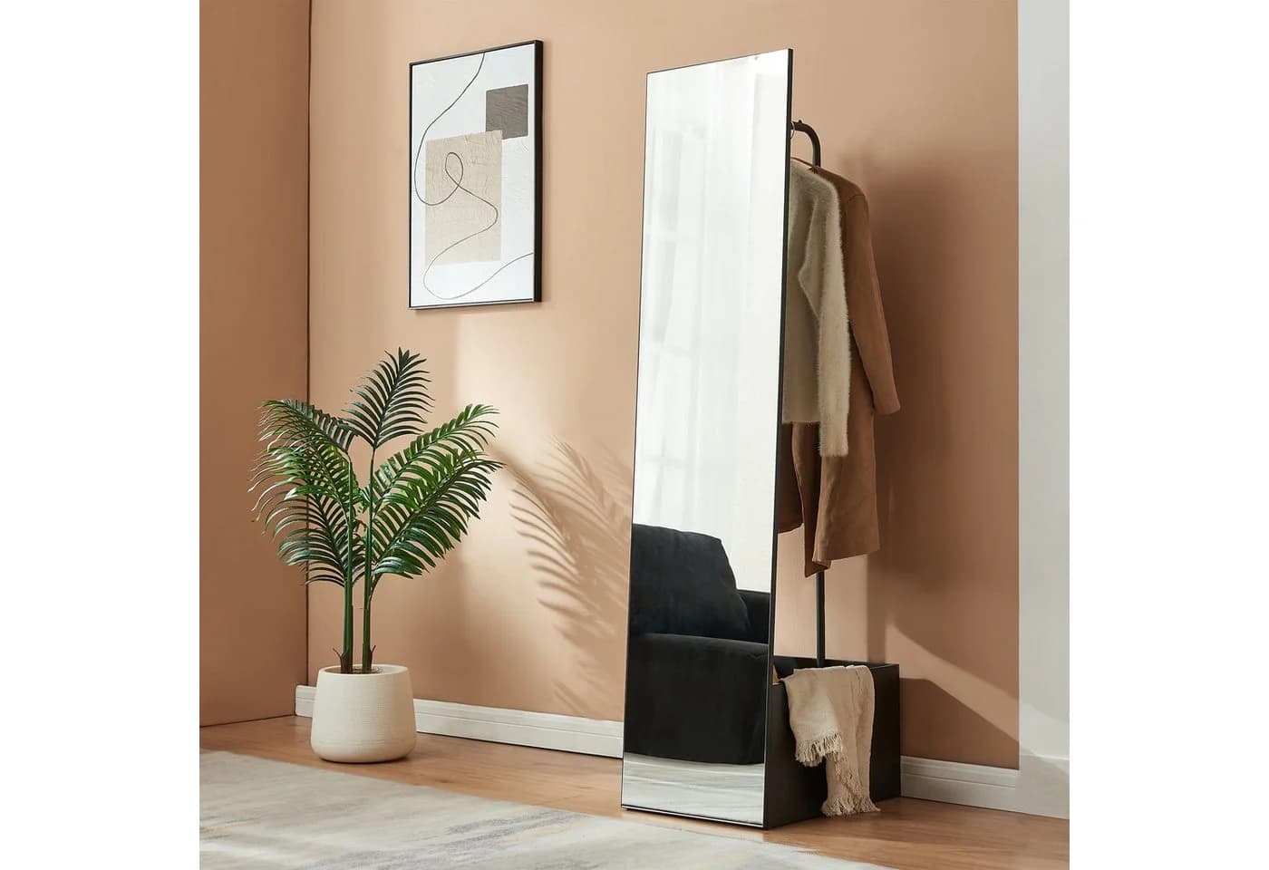 en.casa Garderobenspiegel mit Staufach und Kleiderstange Schwarz - Bild 2