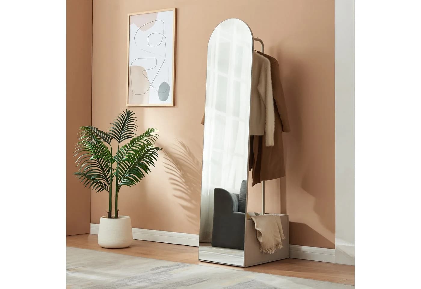 en.casa Garderobenspiegel Kuonta mit Staufach und Kleiderstange Beige - Bild 2