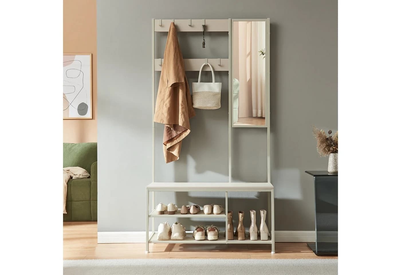en.casa Garderobenständer Napinerg Spiegel Schuhregal Sitzbank Beige