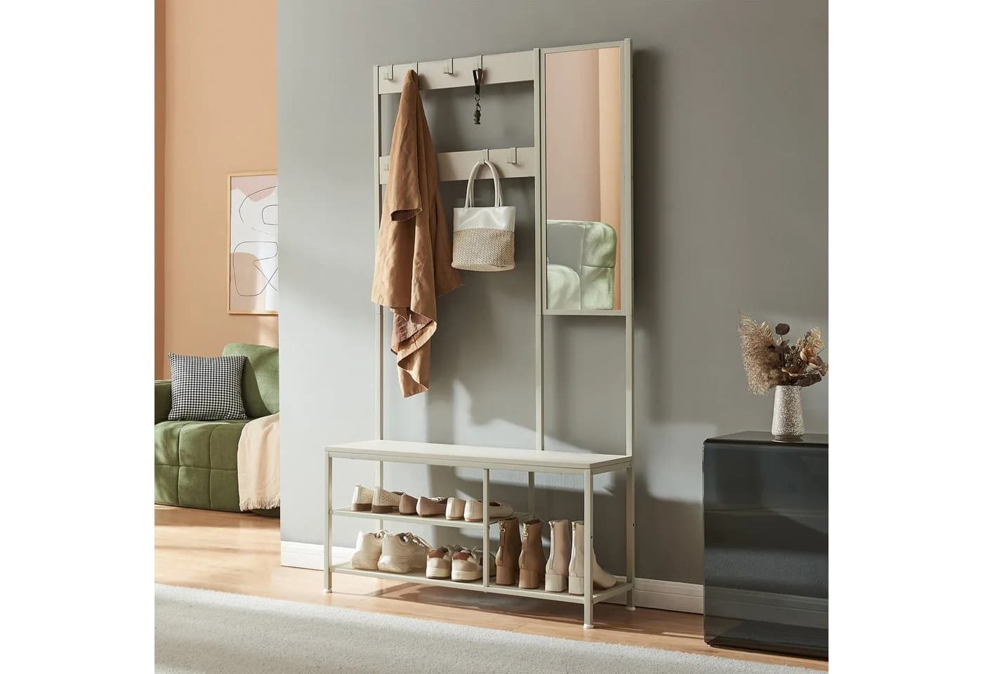 en.casa Garderobenständer Napinerg Spiegel Schuhregal Sitzbank Beige - Bild 2