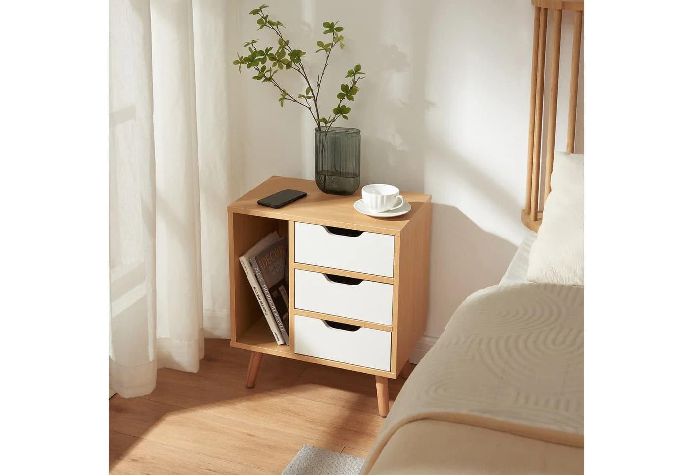 en.casa Nachttisch Bordkak 3 Schubladen Holzbeine Eicheoptik/Weiß - Bild 2