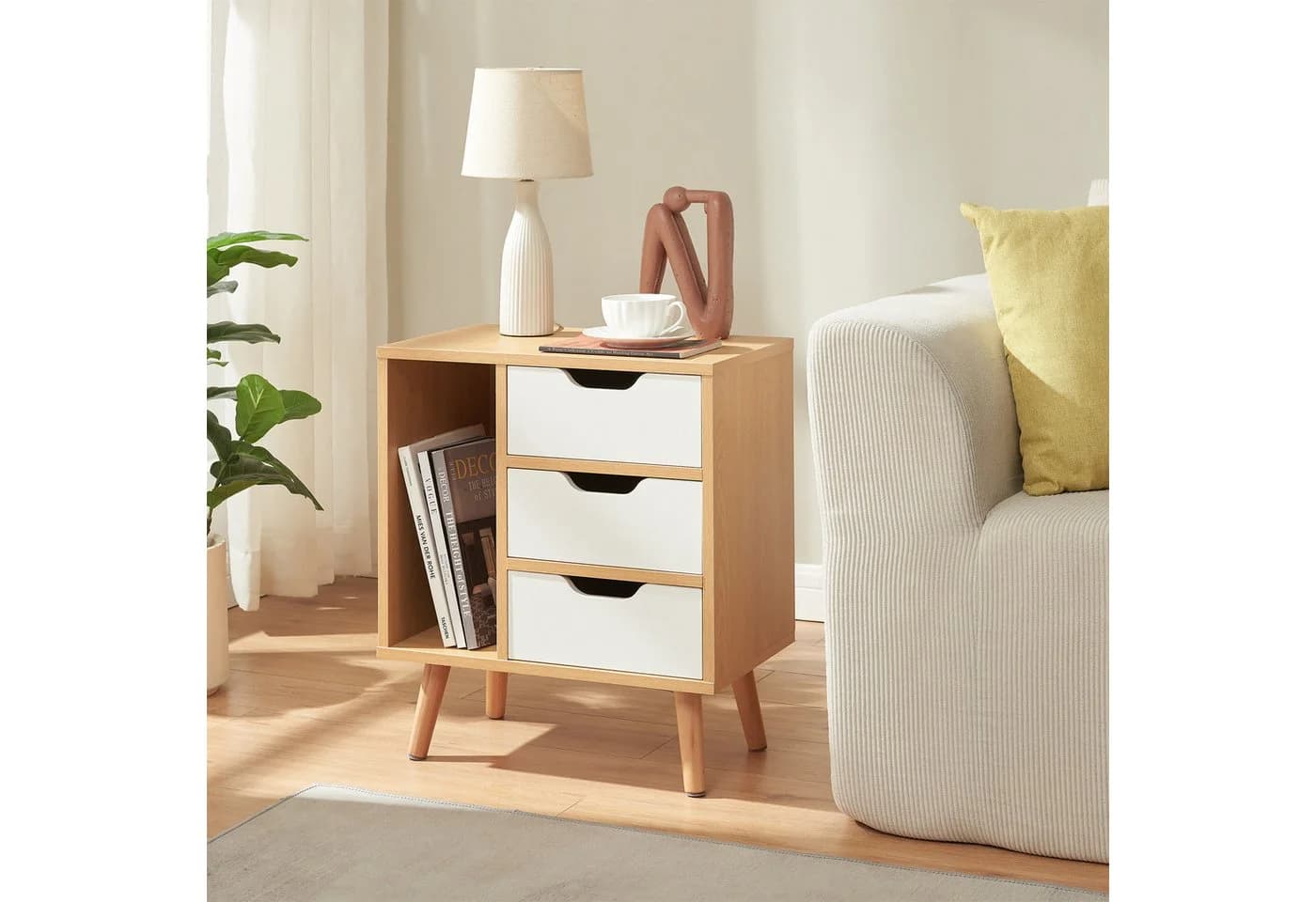 en.casa Nachttisch Bordkak 3 Schubladen Holzbeine Eicheoptik/Weiß - Bild 3