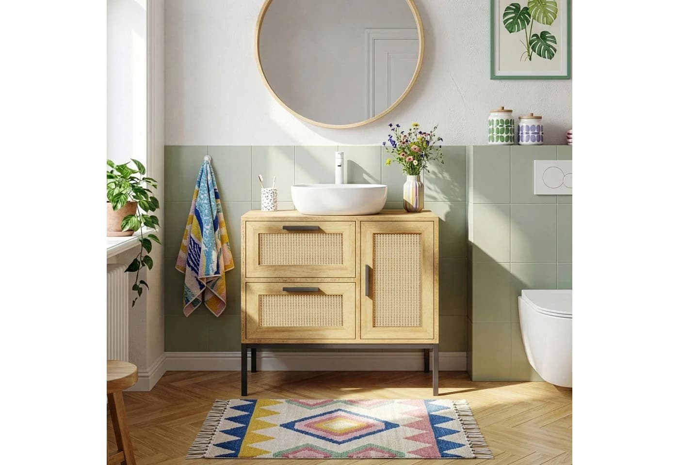 en.casa Waschbeckenunterschrank Marhasa mit Schublade und 2 Türen Eiche/Schwarz